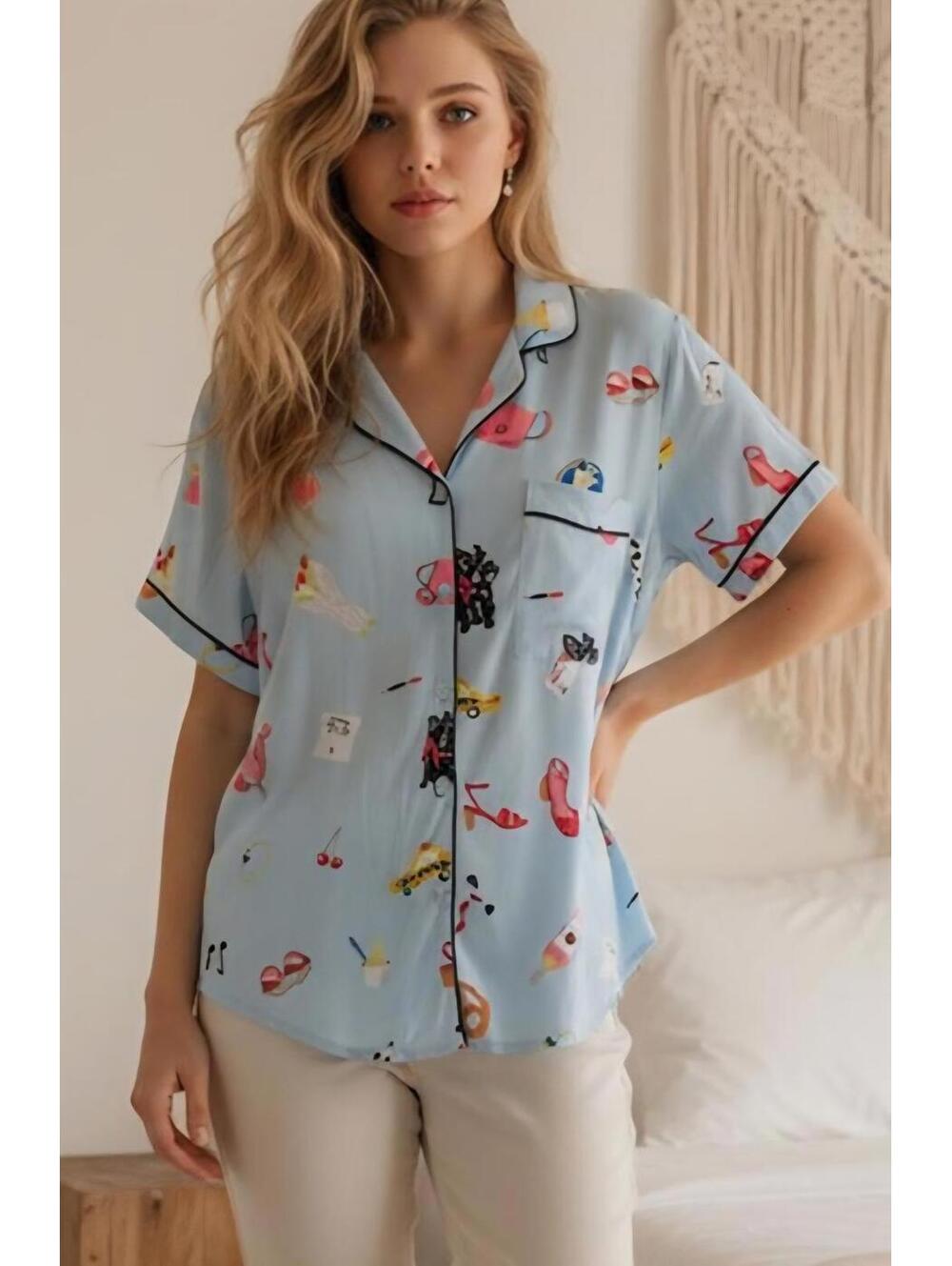 Kate Spade Novelty Print Pajama Top Light Blue Button Front Top Size M